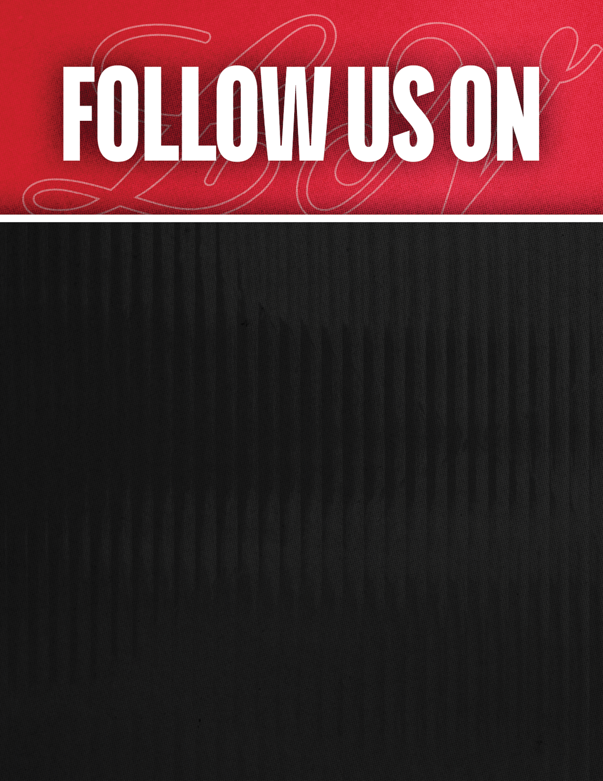 A black and red sign that says Follow Us On. Description generated by AI