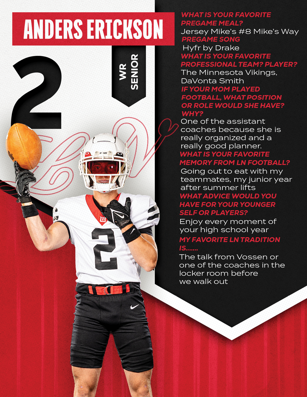 An athlete wearing a football uniform with the number 2 stands holding a football with a text overlay featuring a Q&A about favorite meals, songs, sports positions, memories, and traditions. Description generated by AI
