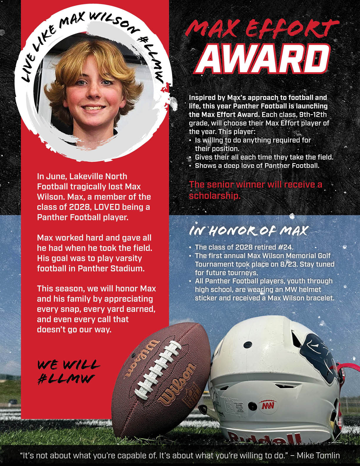A sports award poster features a smiling person with short hair, a football, a helmet, and text honoring Max Wilson with details about the Max Effort Award and its criteria. Description generated by AI