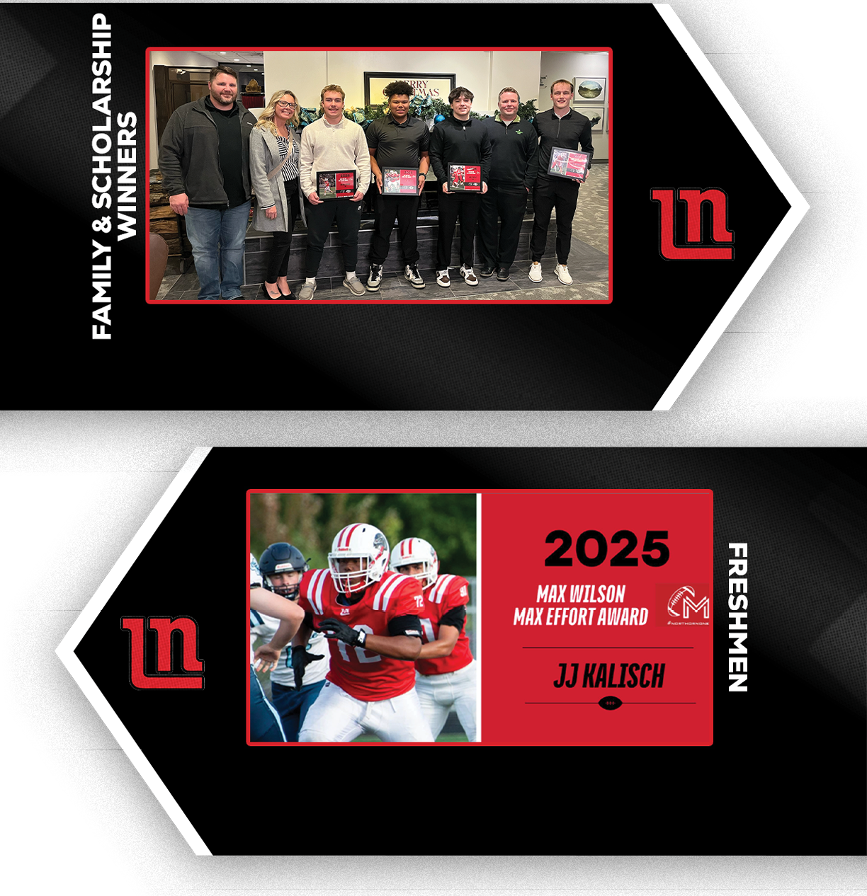 A group of adults holding awards stands together in a room above a graphic featuring a football player in uniform with text announcing a 2025 freshman award winner. Description generated by AI