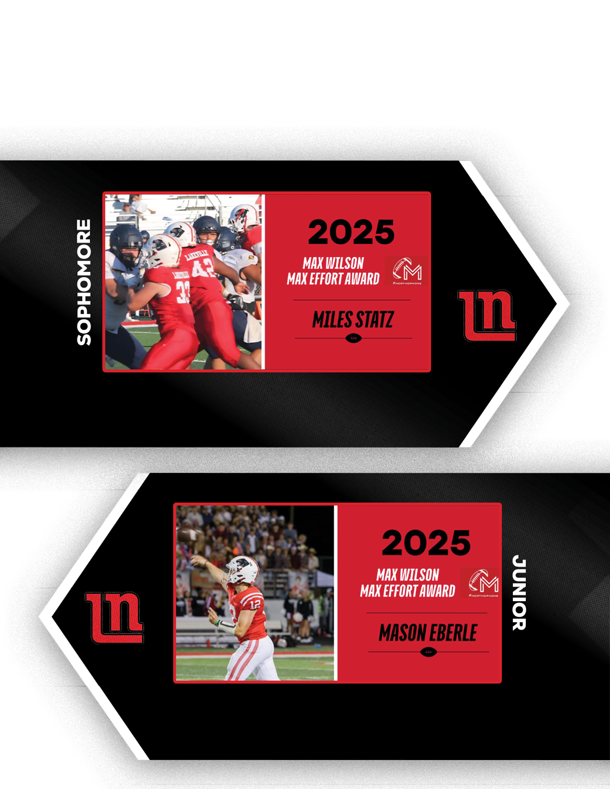 Two sports trading cards feature athletes in red and white uniforms with text highlighting their sophomore and junior status and Max Effort Awards for 2025. Description generated by AI