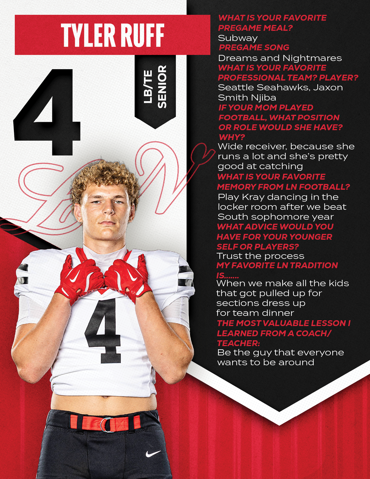 A person in a football uniform with the number four stands with hands clasped in front of a black and red graphic background featuring text about favorite pregame music, favorite professional team player, football positions, and advice for younger players. Description generated by AI