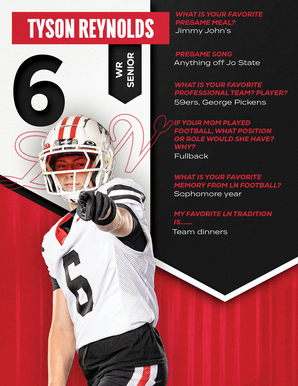 An adult wearing a football uniform with the number six points forward while standing next to a graphic with personal favorite video game, song, professional team player, football position, memory, and tradition details. Description generated by AI
