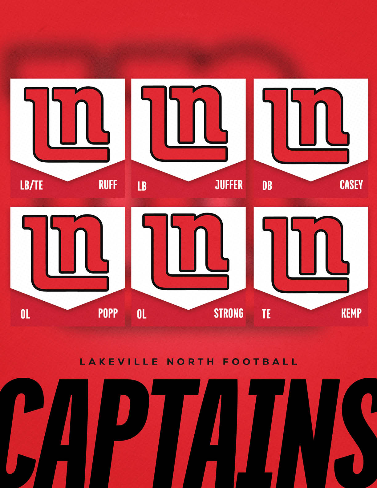 A red and white graphic displays the Lakeville North Football captains with six individual blocks showing names and positions above the bold word “CAPTAINS" on a red background. Description generated by AI