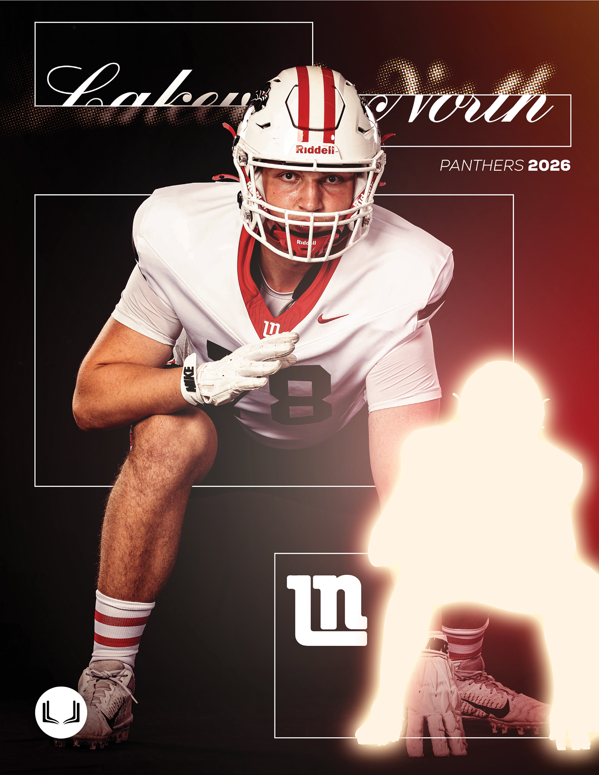 An adult in a white football uniform with red stripes and the number 18 is crouched in a ready stance against a dark background with stylized text and graphic elements. Description generated by AI