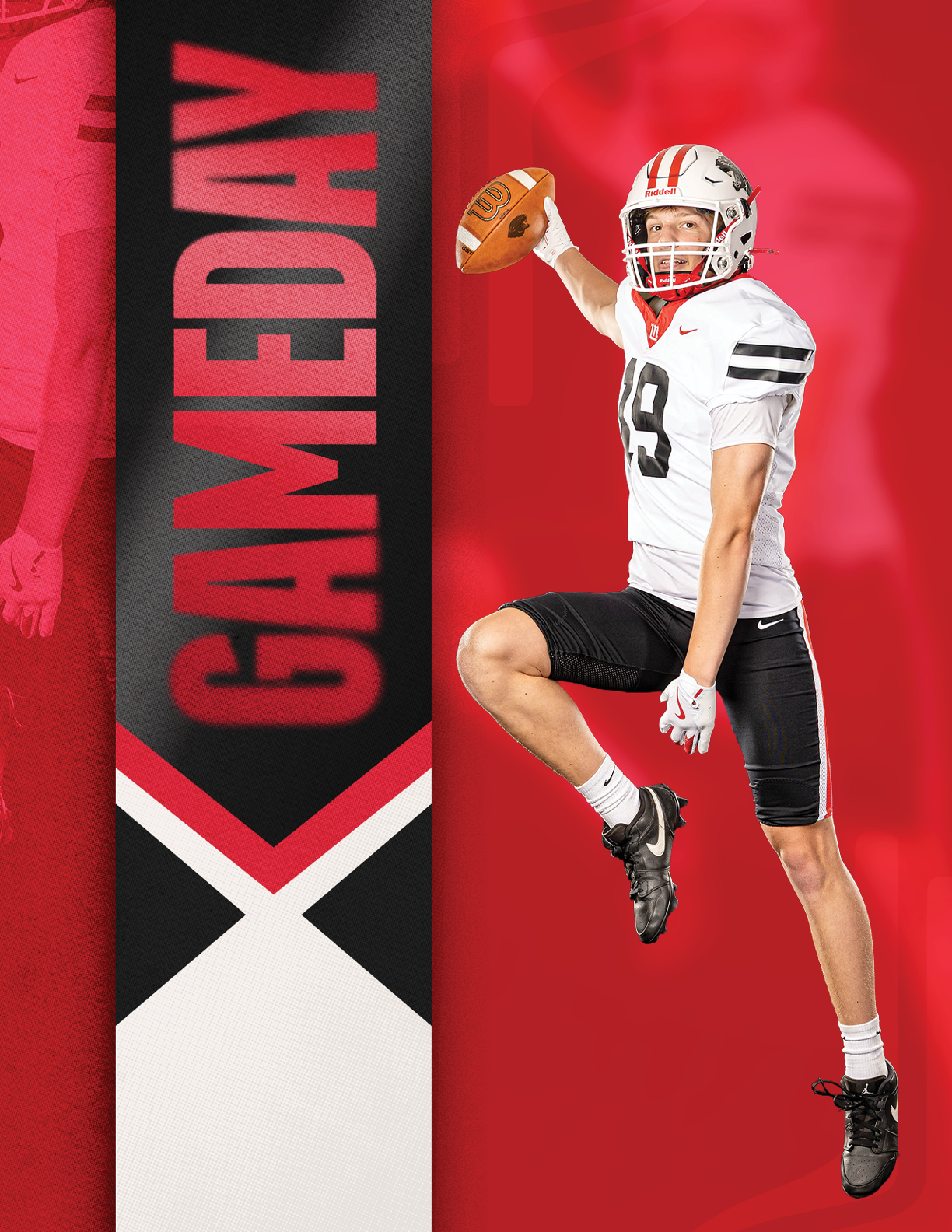 A person in a white and black football uniform is jumping while holding a football with a red background and the word “GAMEDAY" in bold red letters on a black vertical banner. Description generated by AI