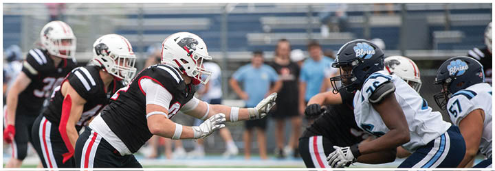 People in football uniforms are positioned on a field facing each other, appearing ready for a play during a game. Description generated by AI