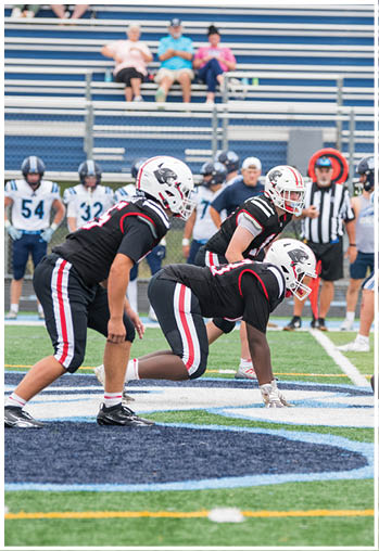 Two opposing football teams are lined up at the line of scrimmage on a field with a referee standing behind them and empty bleachers in the background. Description generated by AI