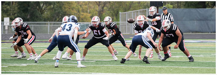 A group of people in football uniforms are lined up on a field with one person preparing to throw a football. Description generated by AI
