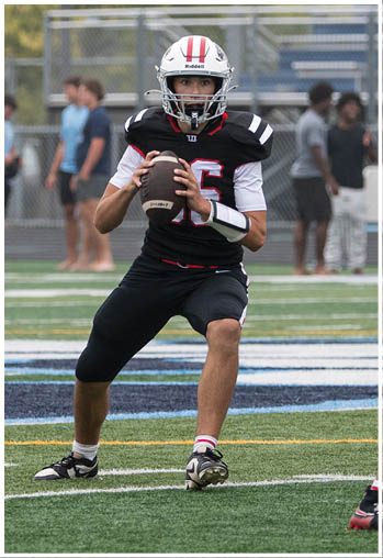 A person wearing a black and white football uniform is holding a football in a ready-to-throw position on a field with blurred people in the background. Description generated by AI