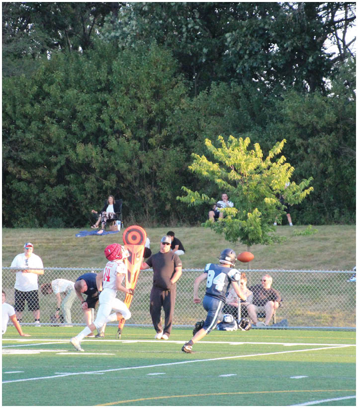 Two people in sports uniforms are playing football on a field while several people watch from behind a fence and on a grassy hill. Description generated by AI