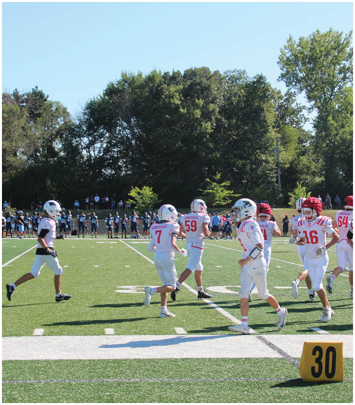 Several people in white and red football uniforms are walking on a green football field near a marker showing the number 30, with trees and a crowd in the background. Description generated by AI