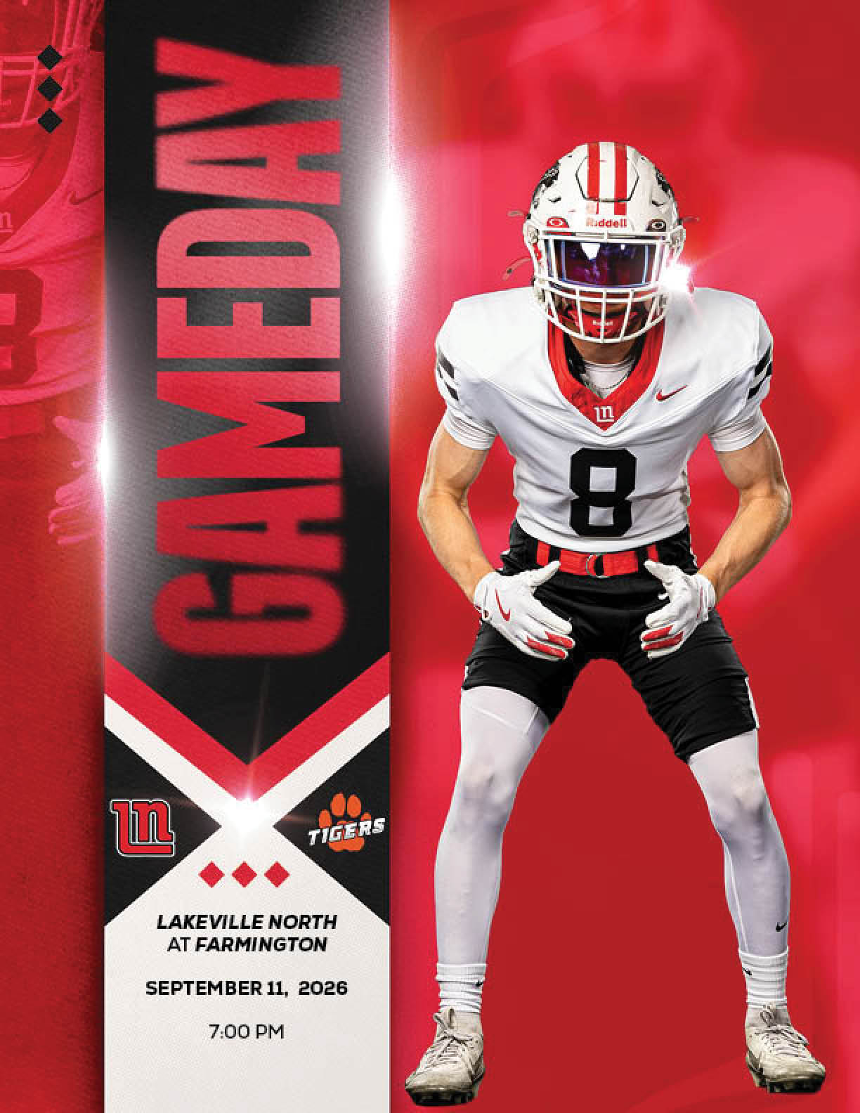 A person in a white football uniform with the number 8 stands in a ready position next to a graphic announcing a football game between Lakeville North and Farmington on September 11, 2026 at 7 PM. Description generated by AI