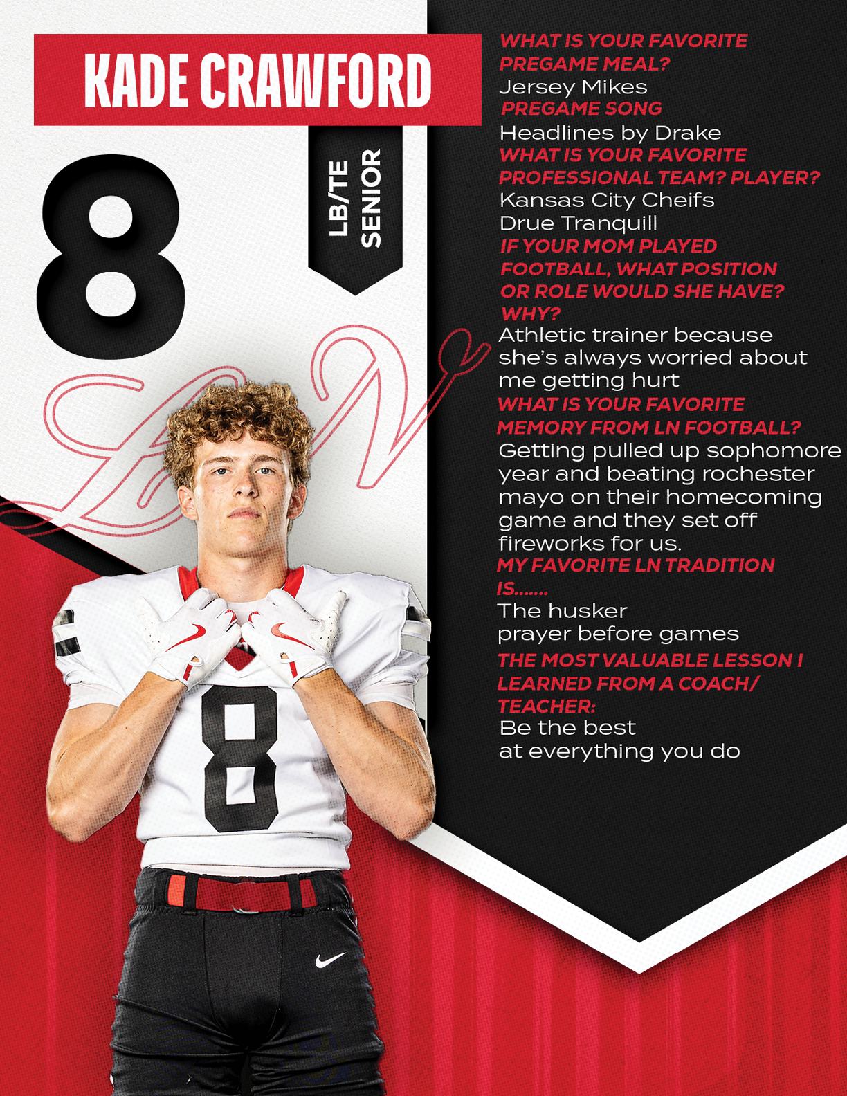 A person with curly hair wearing a white football jersey with the number 8 and red gloves stands with hands clasped in front of a black and white background featuring text about their favorite pregame meal, song, professional team, and football memories. Description generated by AI
