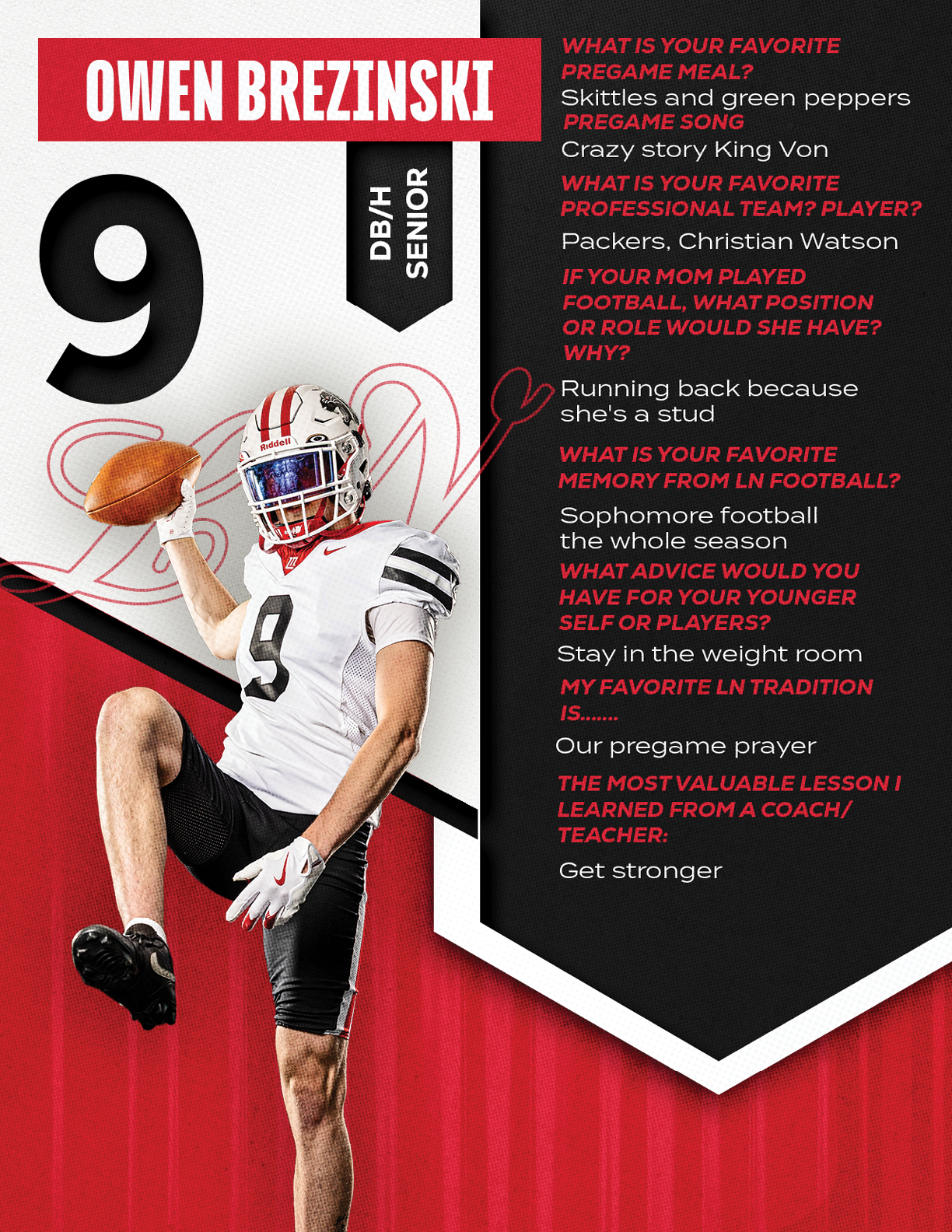 An adult in a football uniform is posed mid-action holding a football with text beside them featuring their name, class year, favorite pregame meal, favorite professional team player, and other football-related questions and answers. Description generated by AI
