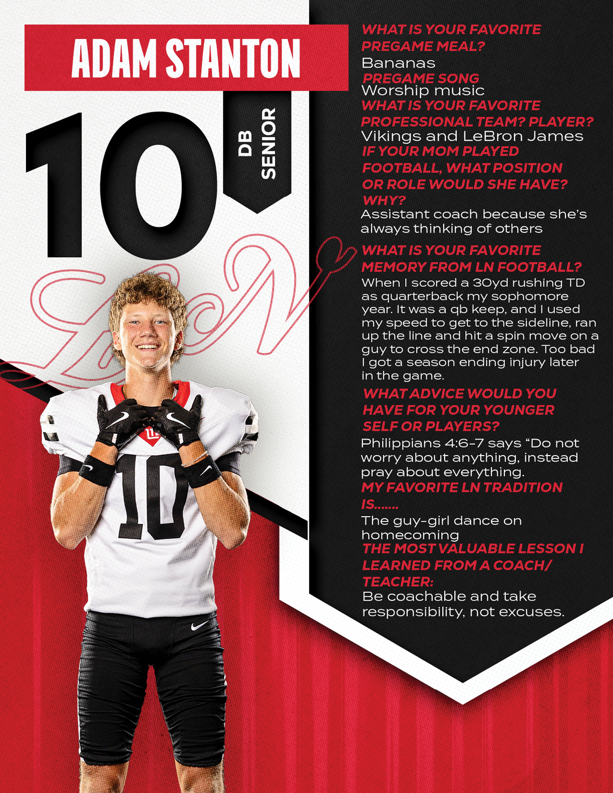 A person wearing a football uniform with the number 10 stands smiling and holding a football, next to a graphic featuring the name Adam Stanton, the number 10, and a Q&A about favorite preseason meal, music, football memory, and lessons learned from a coach. Description generated by AI
