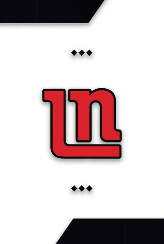 A stylized red and black logo resembling the letters “Ln" is centered on a white background with black corner accents and three black diamond shapes above and below the logo. Description generated by AI