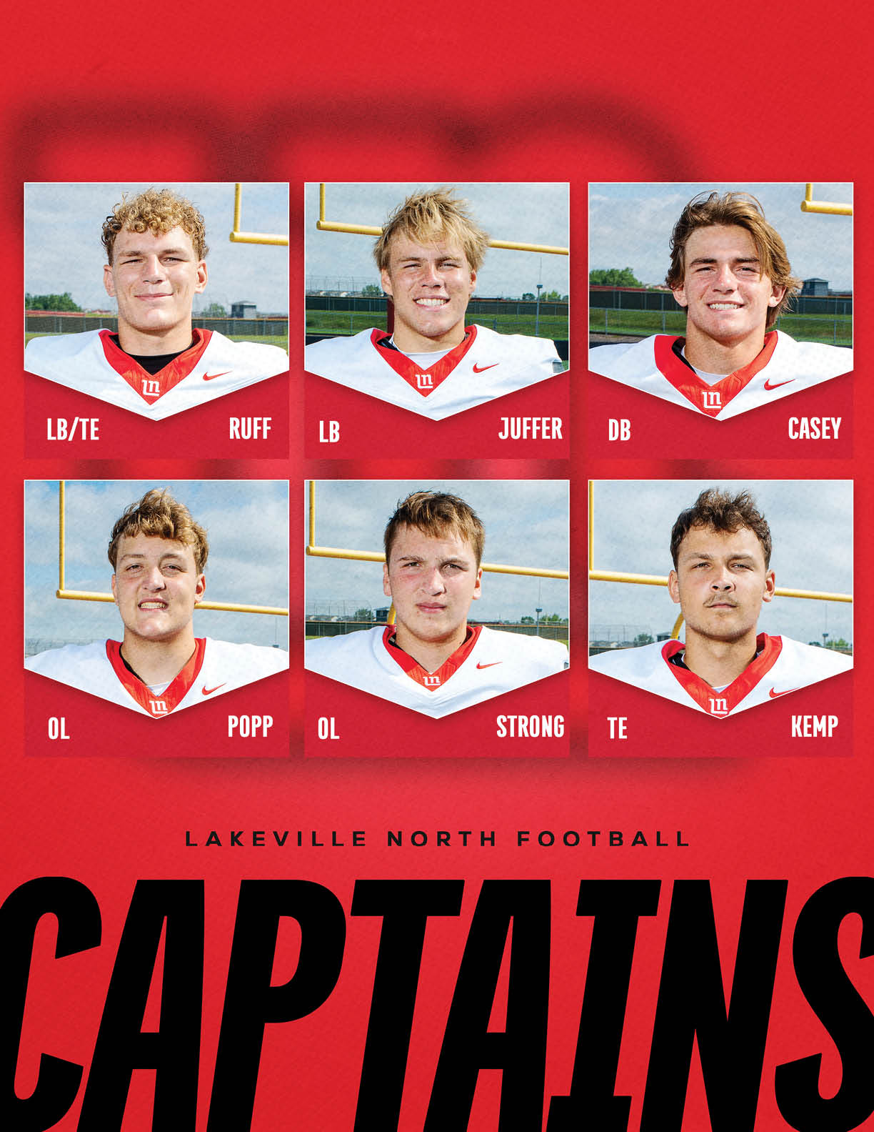 Six adults wearing football uniforms are shown in a grid with their positions and last names labeled above the bold text “Lakeville North Football Captains" on a red background. Description generated by AI