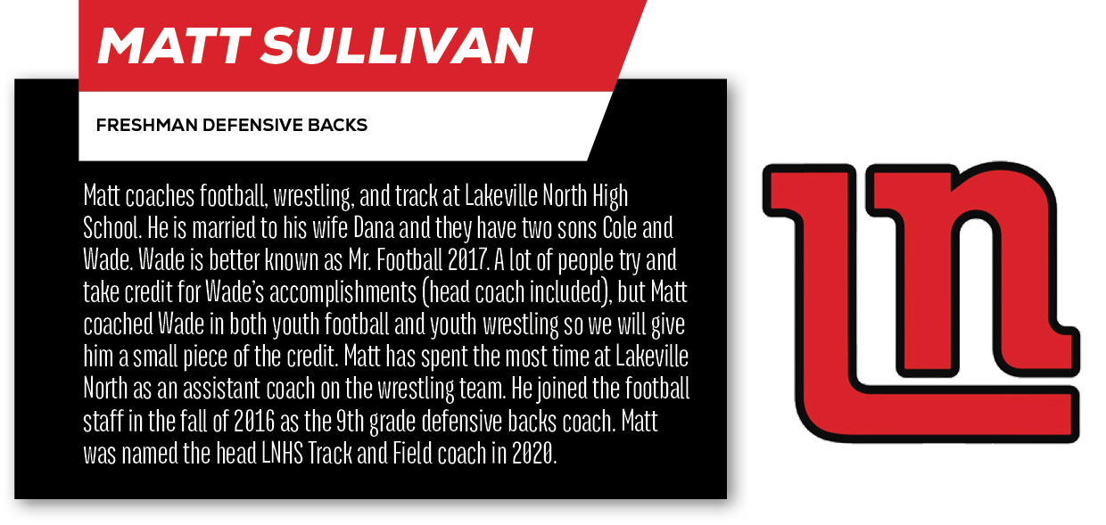 Matt Sullivan,freshman Defensive Backs,Matt coaches football, wrestling, and track at Lakeville North High School. He...