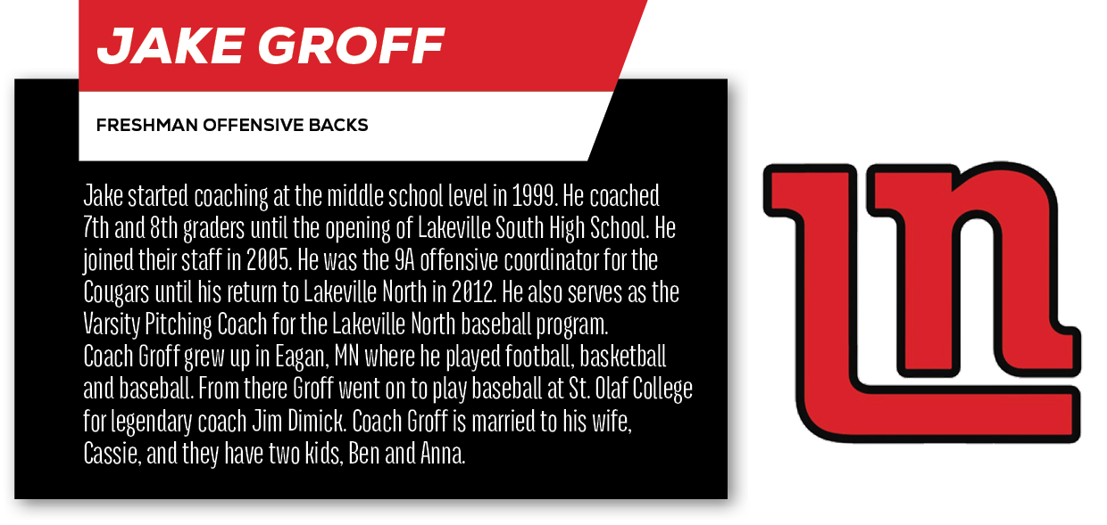 Jake Groff,freshman Offensive Backs ,Jake started coaching at the middle school level in 1999. He coached 7th and 8th...