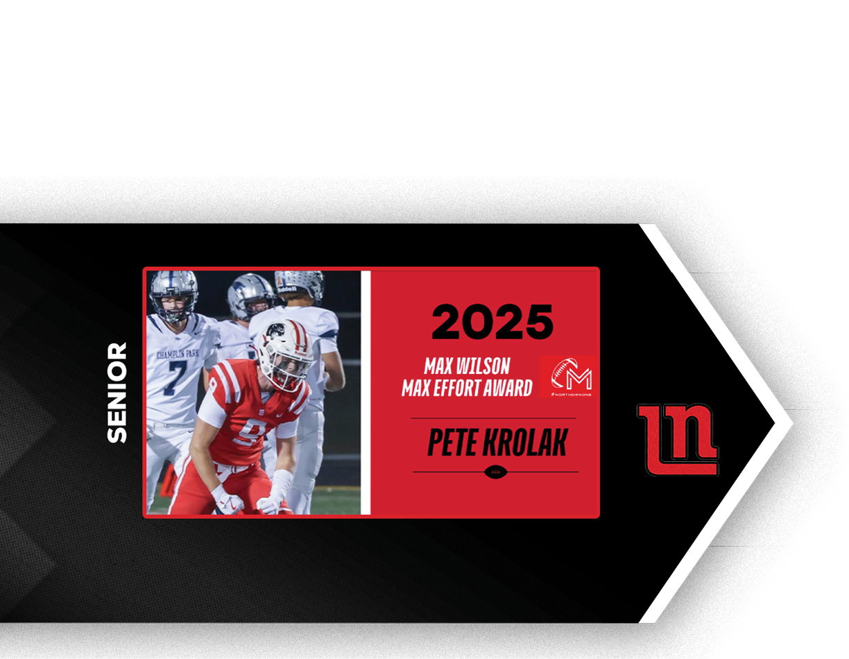 A sports graphic features a person in a red and white football uniform with a helmet, labeled as a senior and recognized as the 2025 Max Yotsan Male Export Award winner named Pete Krolak. Description generated by AI