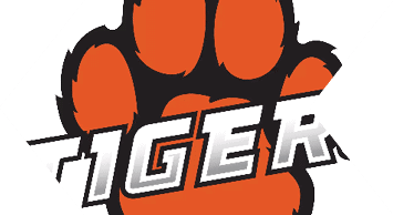A stylized orange tiger paw print with black outlines partially covering bold white and orange text. Description generated by AI