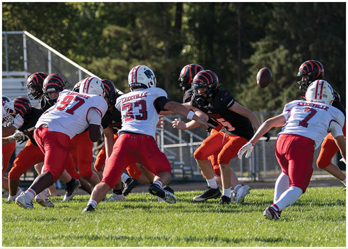 A group of people wearing football uniforms are actively playing on a grassy field with trees and bleachers in the background. Description generated by AI