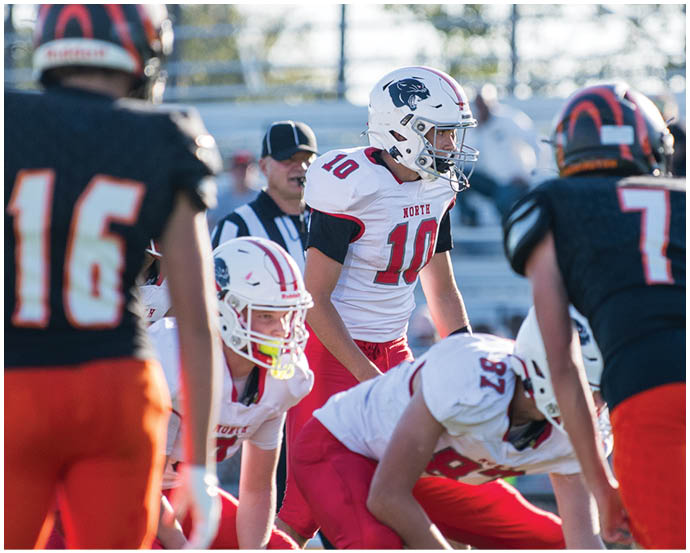 People in football uniforms are positioned on a grassy field preparing for a play during a game with spectators in the background. Description generated by AI
