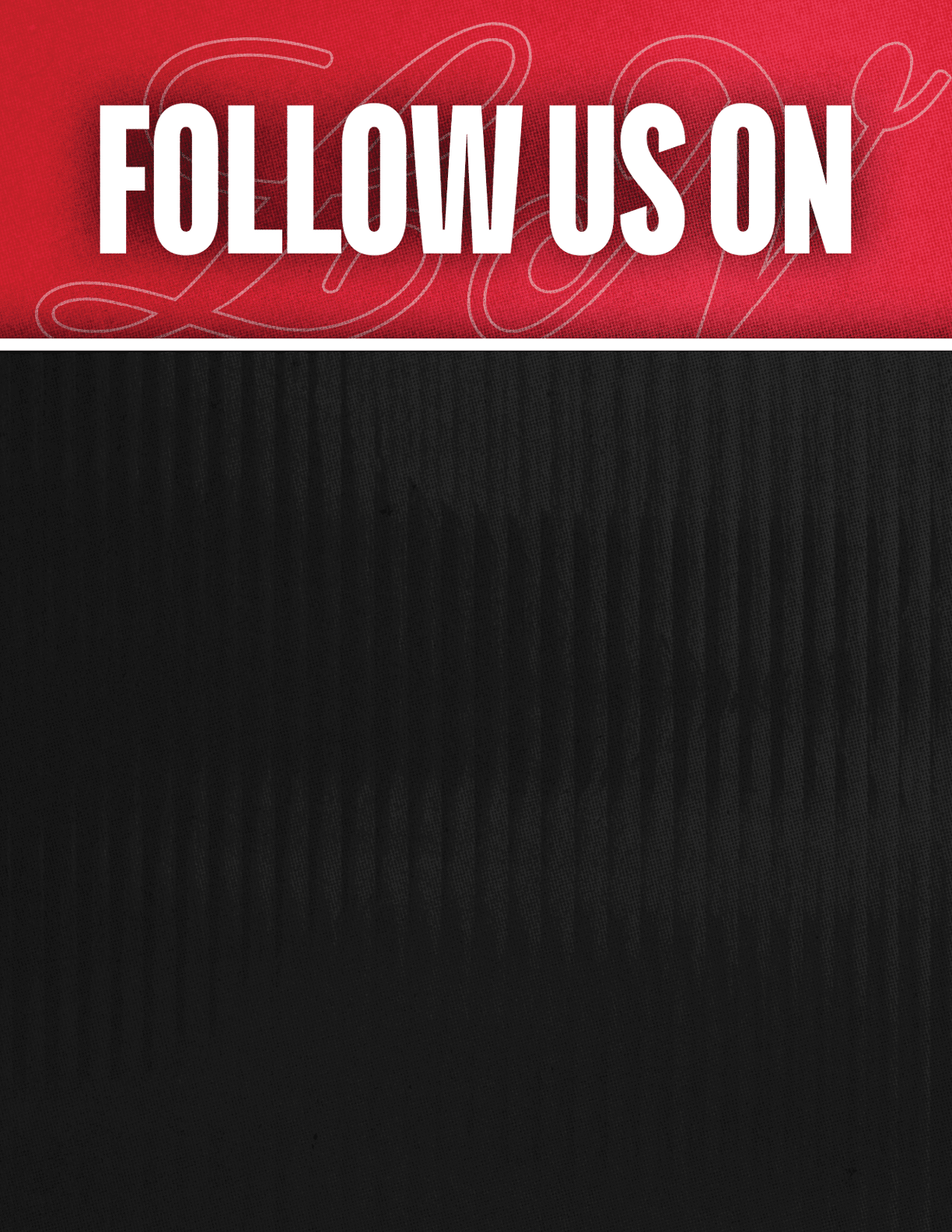 A black and red sign that says Follow Us On. Description generated by AI