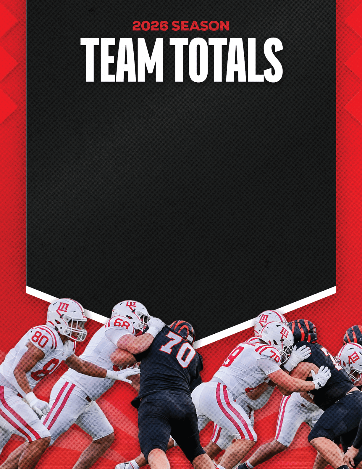 A group of people in football uniforms stand together on a field beneath the text 2026 season team totals on a black and red background. Description generated by AI