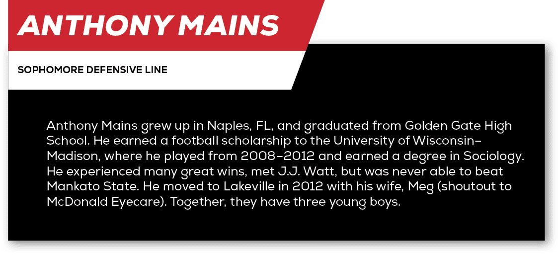 Anthony Mains,sophomore Defensive Line ,Anthony Mains grew up in Naples, FL, and graduated from Golden Gate High Scho...