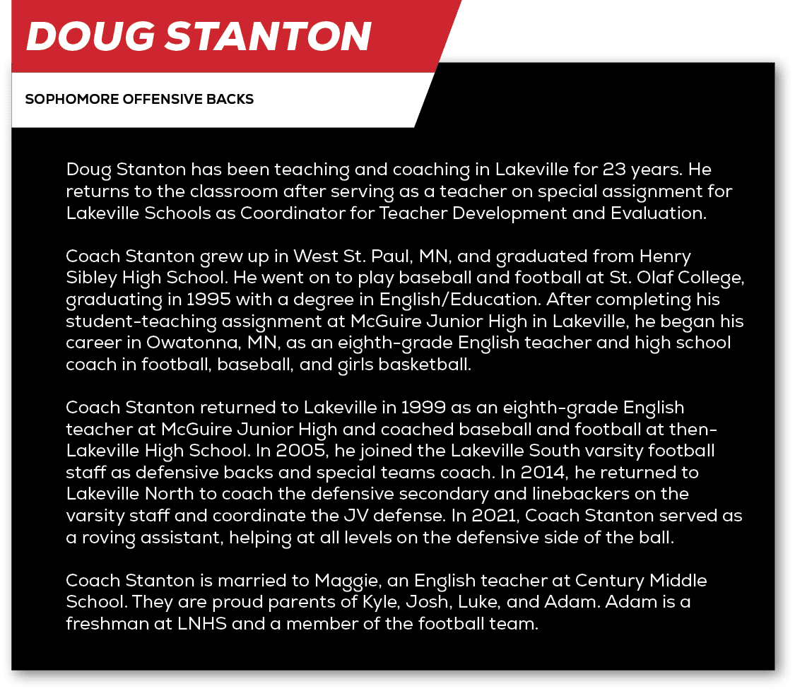 Doug Stanton,sophomore Offensive Backs,Doug Stanton has been teaching and coaching in Lakeville for 23 years. He retu...
