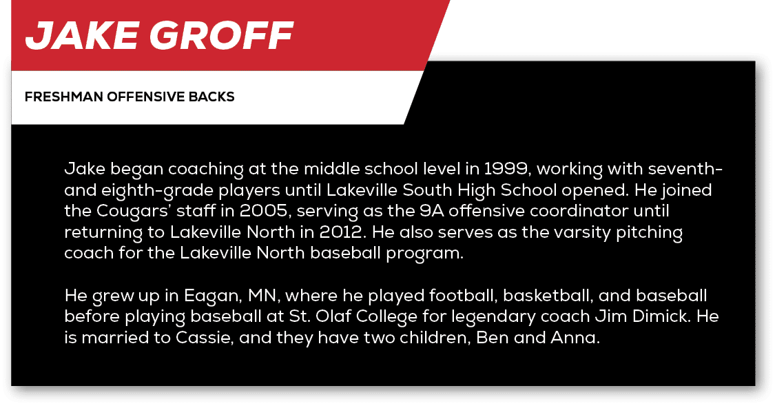 Jake Groff,freshman Offensive Backs ,Jake began coaching at the middle school level in 1999, working with seventh and...