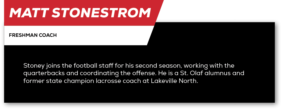 Matt Stonestrom,freshman coach,Stoney joins the football staff for his second season, working with the quarterbacks a...