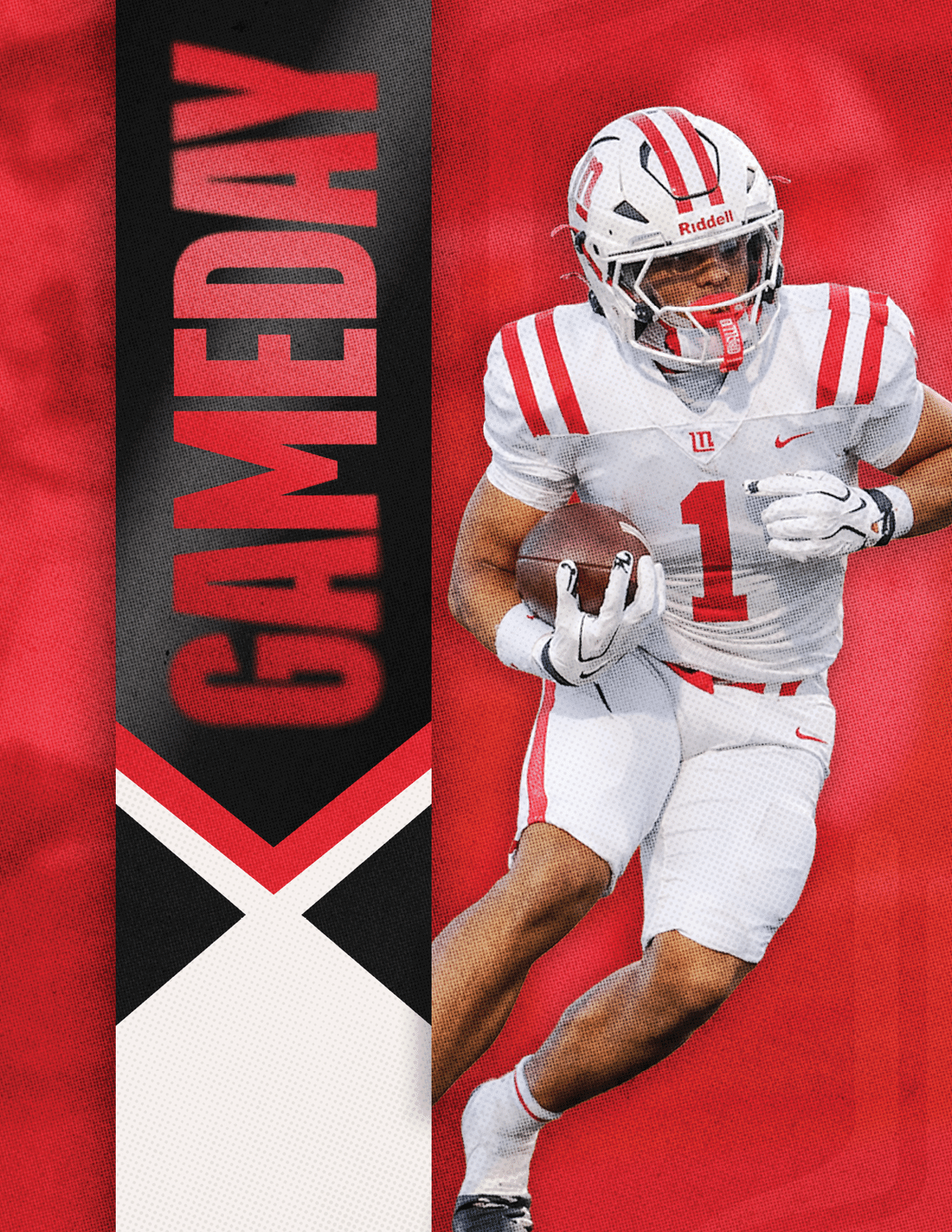 A person in a football uniform is running with a football on a red background with the text saying happy birthday coach edwards and gameday. Description generated by AI