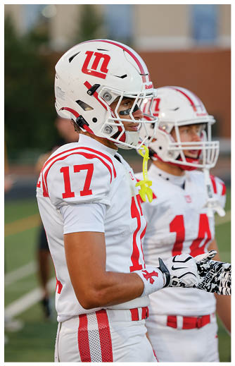 A person wearing a white sports helmet with red markings and a chin strap is shown from behind against a blurred outdoor background. Description generated by AI