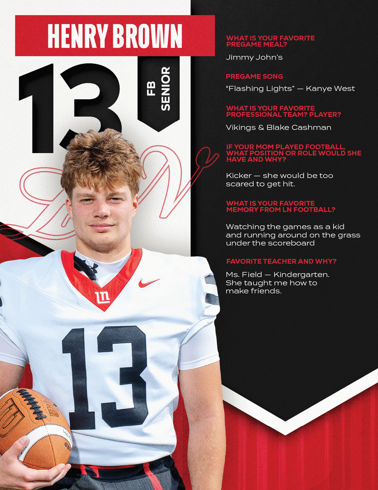 A person wearing a white football jersey with the number 13 stands holding a football, with text around them detailing their name, position, favorite pregame meal, song, professional team/player, and memories. Description generated by AI