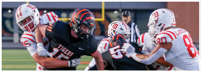 Two people in football uniforms are engaged in a play on a grassy field with yard lines visible. Description generated by AI