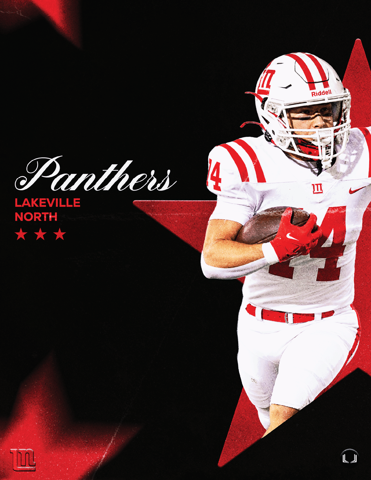 A person in a white and red football uniform with the number 14 is running with a football against a black background with red stars and the text “Panthers Lakeville North." Description generated by AI