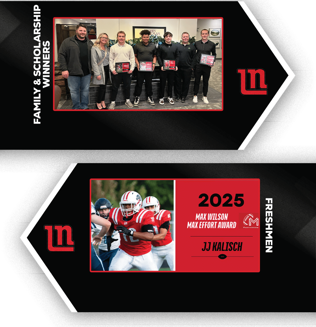 A group of adults holding awards stands together in a room above a graphic featuring a football player in uniform with text announcing a 2025 freshman award winner. Description generated by AI