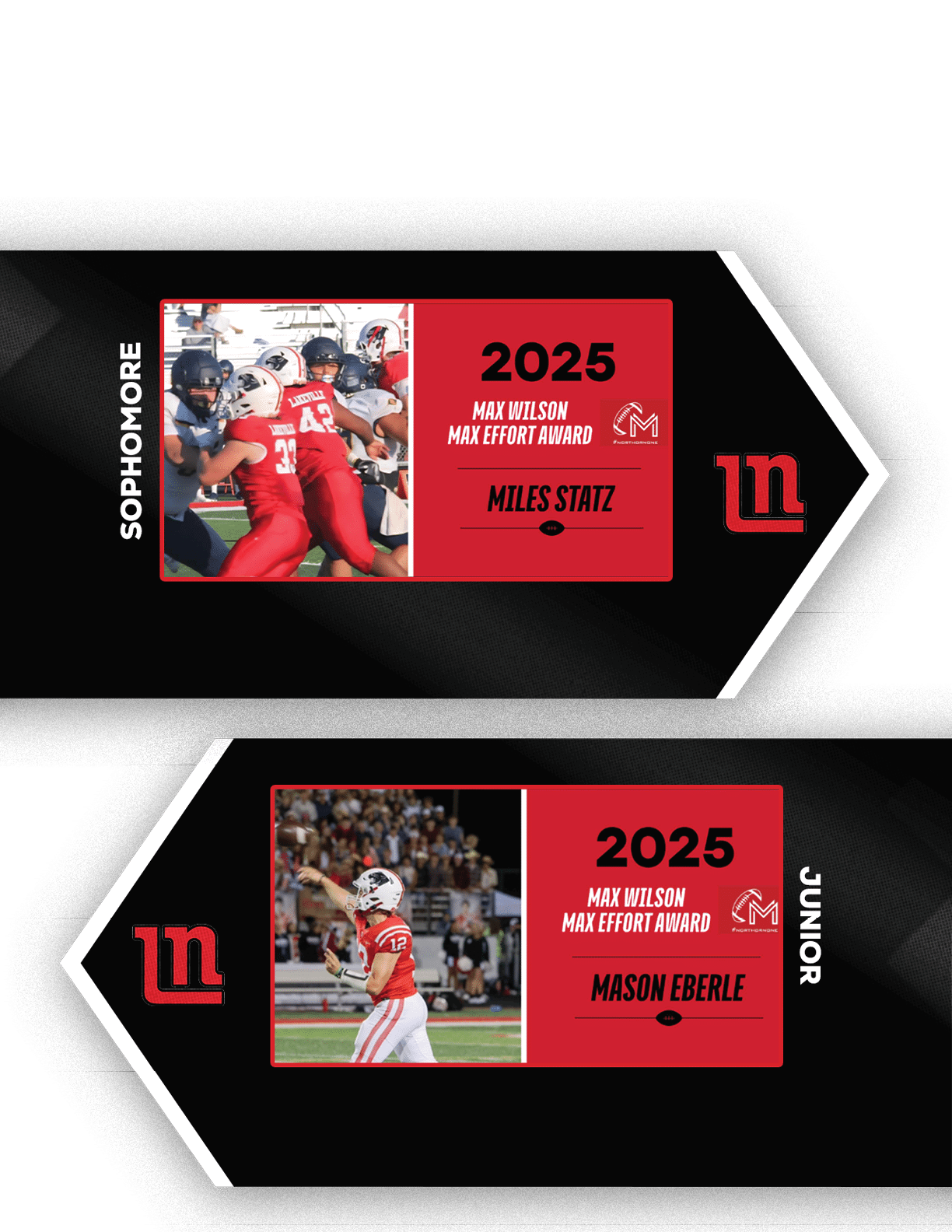 Two sports trading cards feature athletes in red and white uniforms with text highlighting their sophomore and junior status and Max Effort Awards for 2025. Description generated by AI