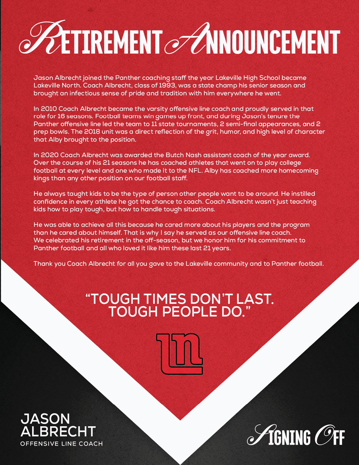 Retirement announcement for Jason Albrecht, offensive line coach, highlighting his coaching career, achievements, and gratitude from the Lakeville community with a bold red and gray graphic design. Description generated by AI