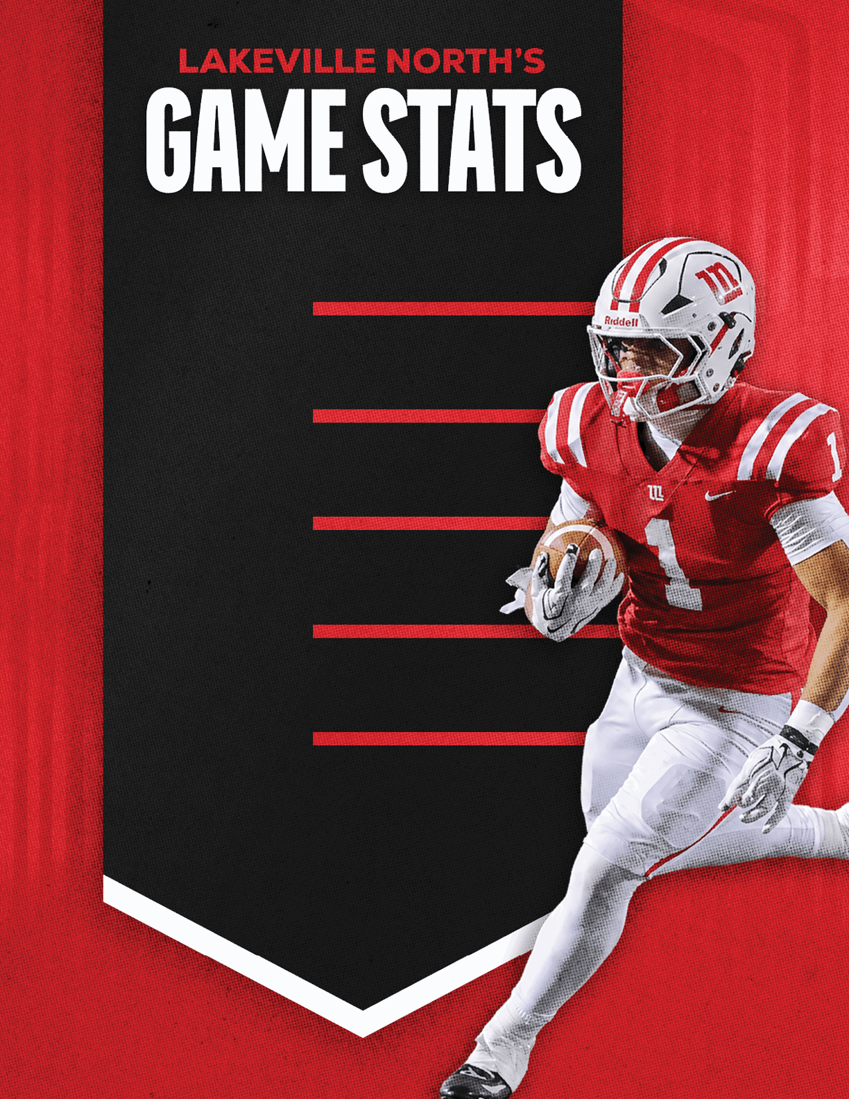 A person in a red and white football uniform is running with a football next to a black banner with red text that reads Lakeville North's Game Stats. Description generated by AI