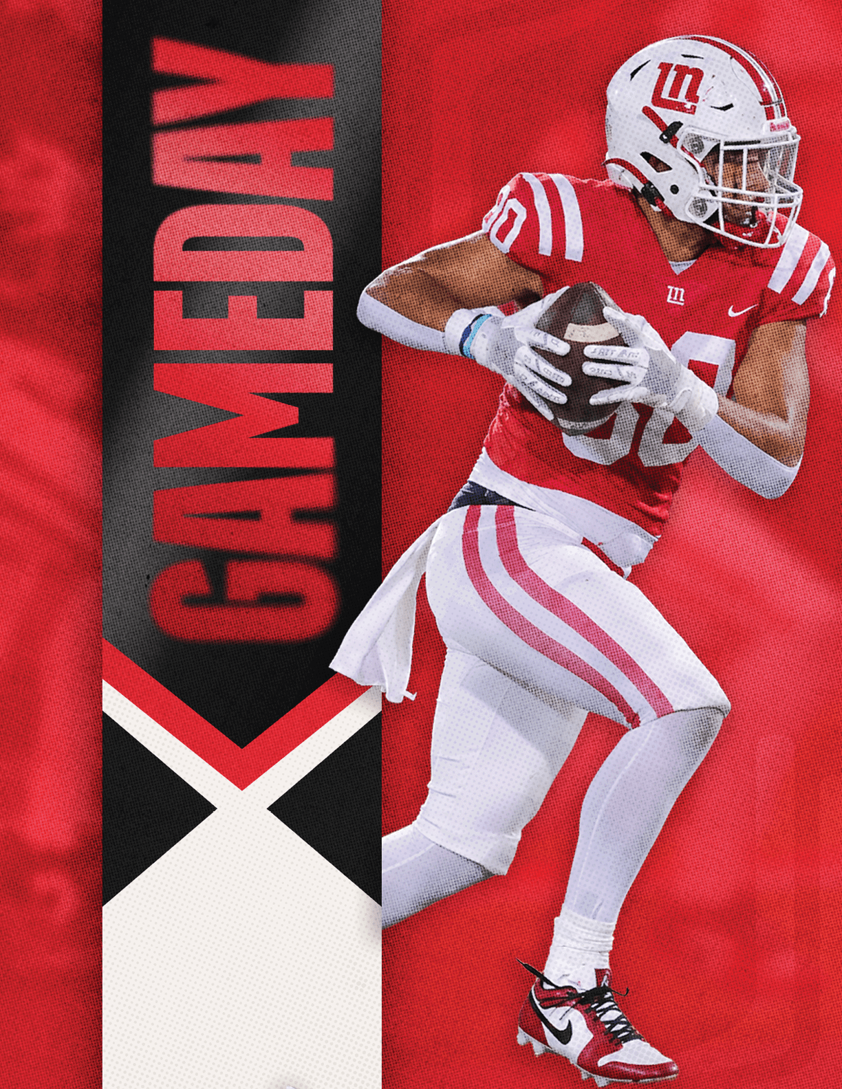 A person in a red and white football uniform is running while holding a football with a red and black banner next to them that says GAMEDAY. Description generated by AI