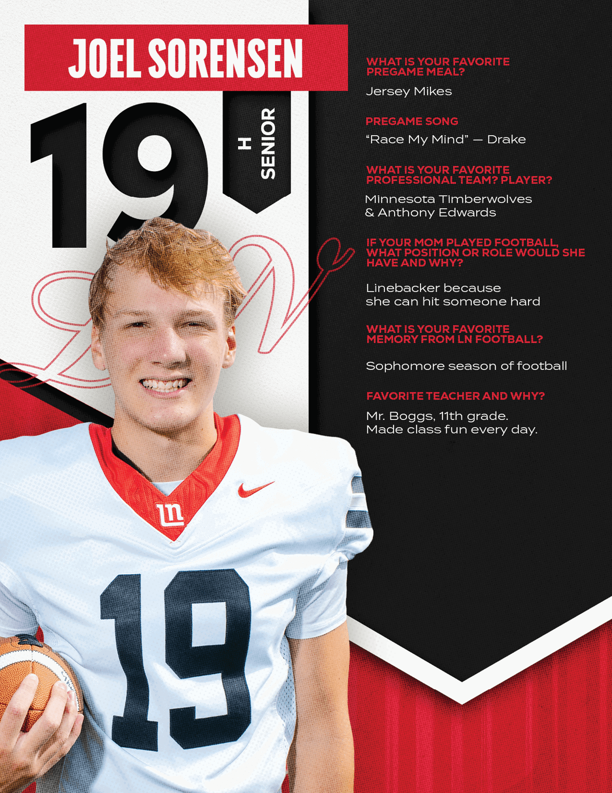 A person wearing a white football jersey with the number 19 is holding a football and smiling in front of a graphic background featuring their name Joel Sorensen and text about their favorite pregame song, professional team, and football memories. Description generated by AI