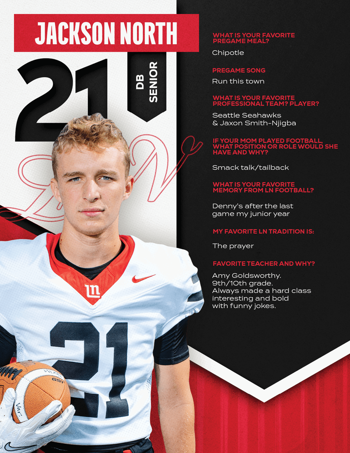 A person in a football uniform holding a football stands next to text listing their favorite pregame meal, song, professional team players, football memory, tradition, and teacher. Description generated by AI