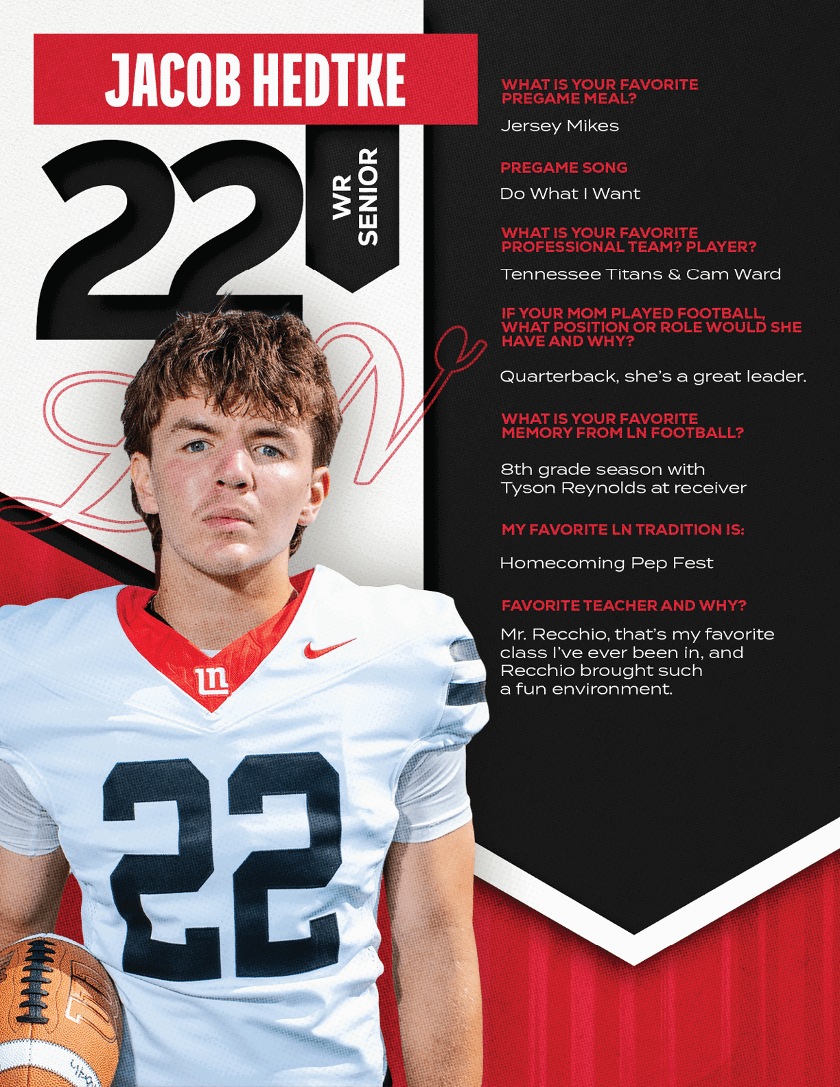 A person wearing a white football jersey with the number 22 and holding a football stands next to text listing favorite pregame meal, song, sports team, football position, memory, tradition, and teacher. Description generated by AI