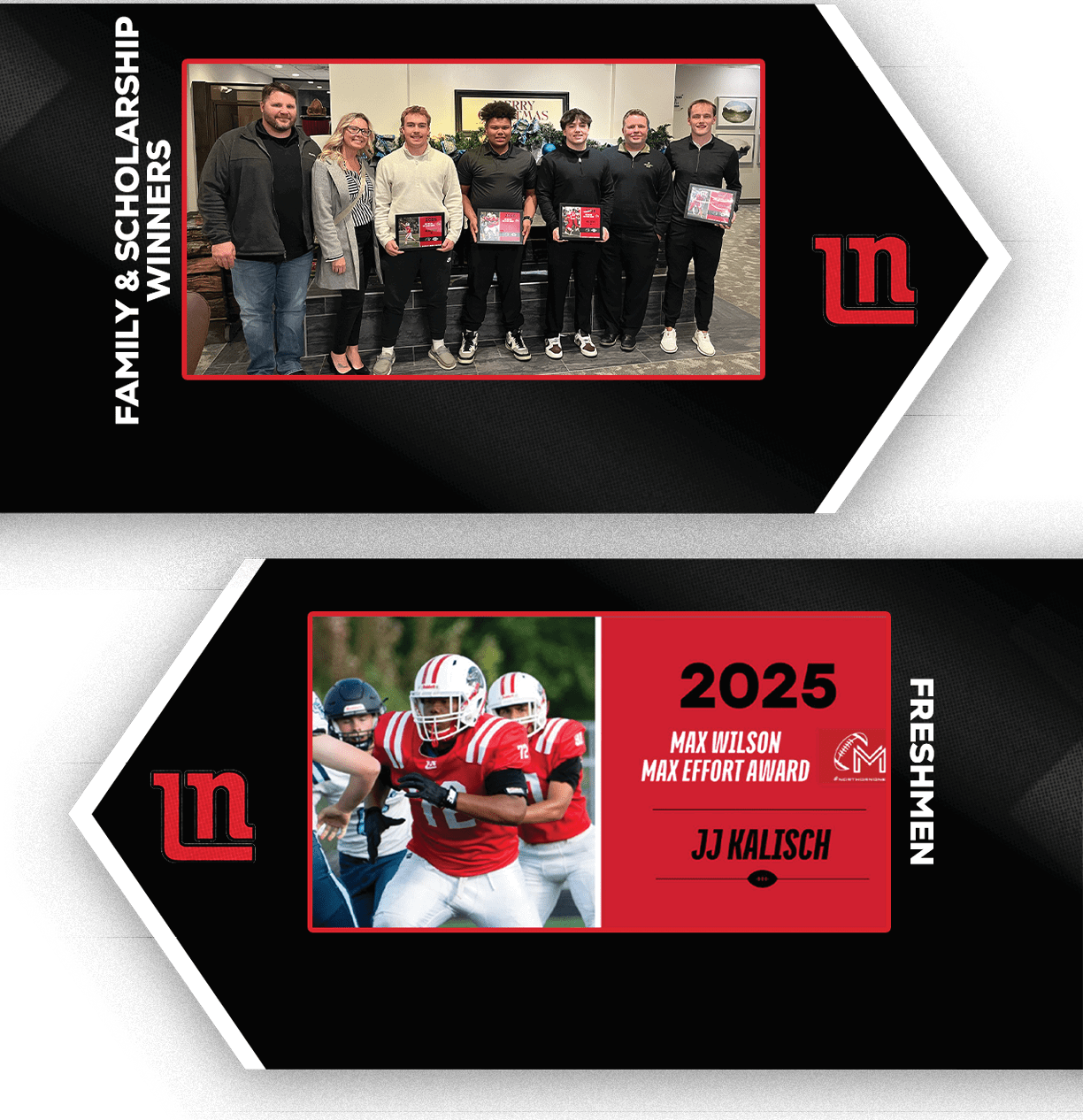 A group of adults holding awards stands together in a room above a graphic featuring a football player in uniform with text announcing a 2025 freshman award winner. Description generated by AI