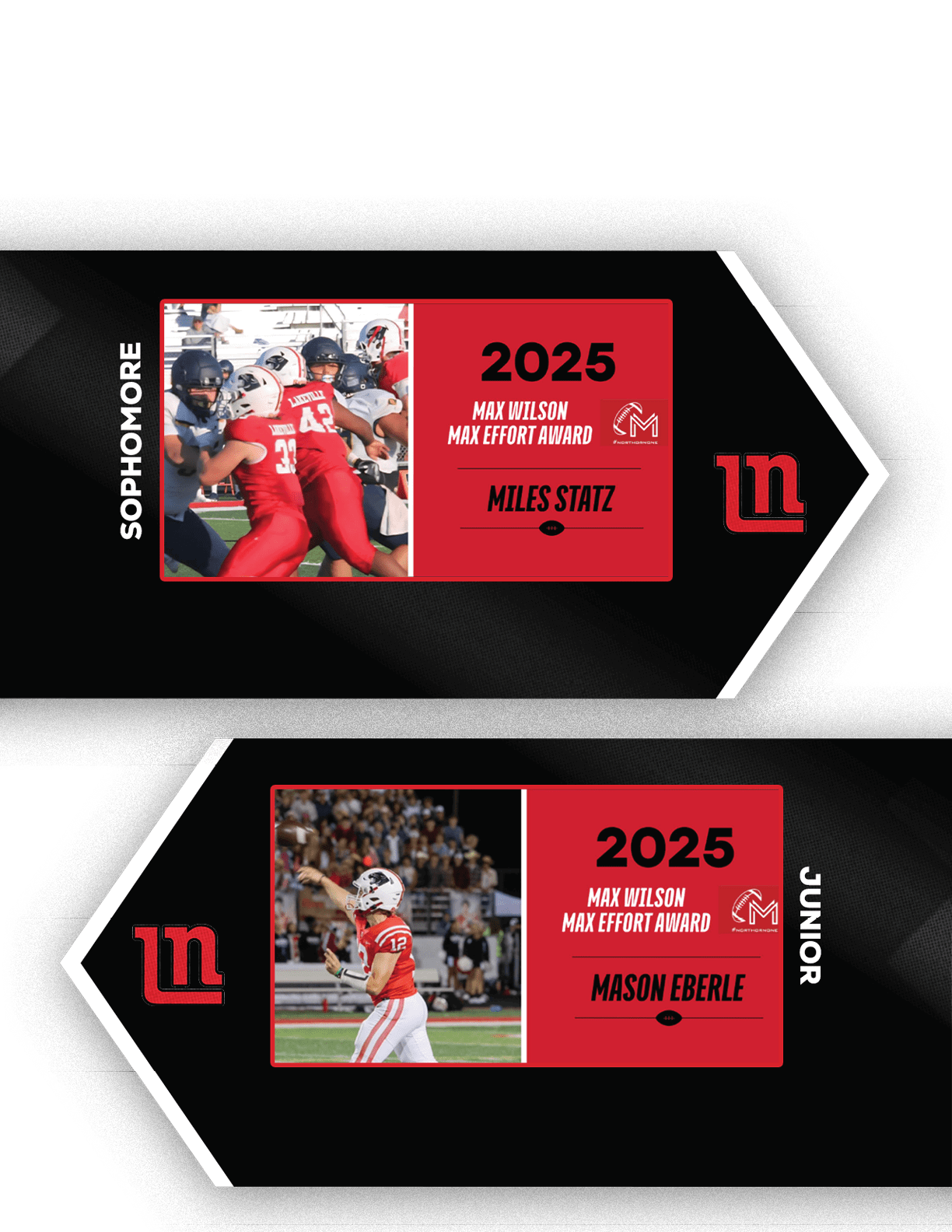 Two sports trading cards feature athletes in red and white uniforms with text highlighting their sophomore and junior status and Max Effort Awards for 2025. Description generated by AI