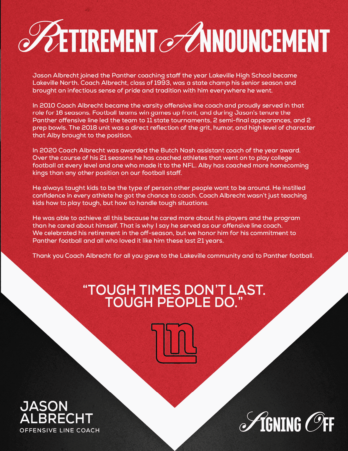 Retirement announcement for Jason Albrecht, offensive line coach, highlighting his coaching career, achievements, and gratitude from the Lakeville community with a bold red and gray graphic design. Description generated by AI